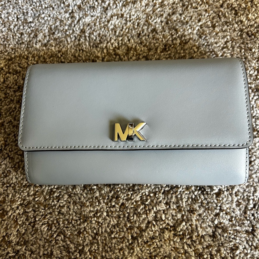 brand new michael kors gray crossbody/clutch bag with silver hardware